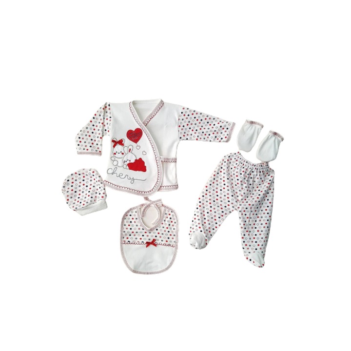 Compleu copii, 5 piese, Model 2 iepurasi, rosu, 1-3 luni