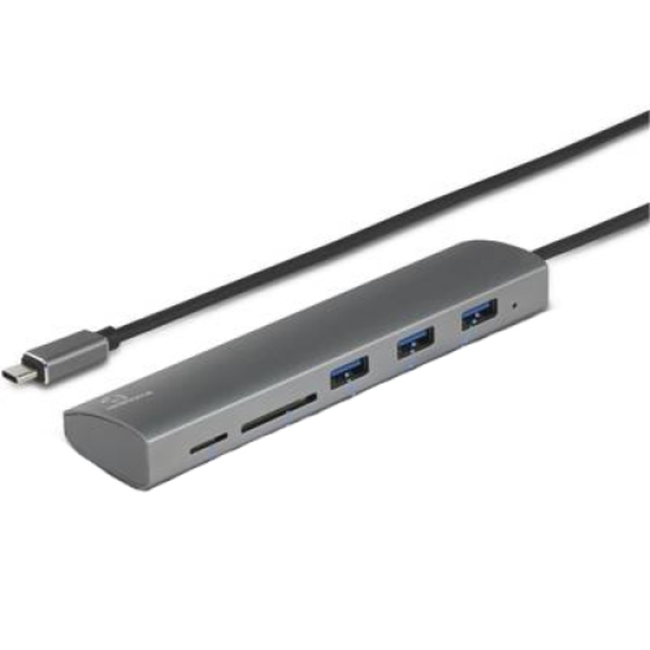Renkforce USB 3.1 хъб, 3+2 портов, с вграден четец на SD карти, алуминиев корпус, сребрист (RF-3374948)