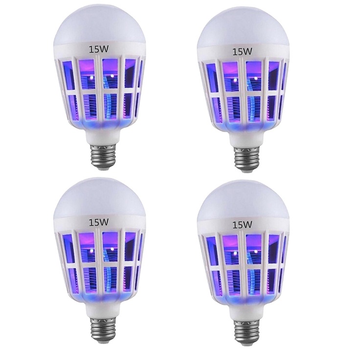Echo Soul 4 db LED izzó, 2 az 1-ben, UV lámpával, rovarok, szúnyogok, legyek ellen, csendes, rovarok ellen, 360 fokos sugárzással beltérre vagy kültérre, 15 W, fehér