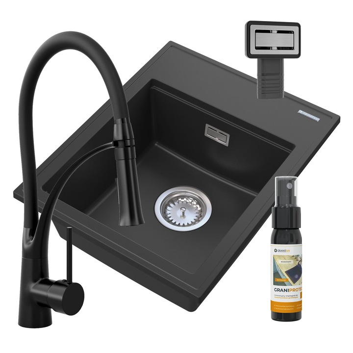 Pachet chiuveta bucatarie Alor, Granitan, Compozit granit, 505x405 mm, Adancime 185 mm, Montare pe blat, Negru