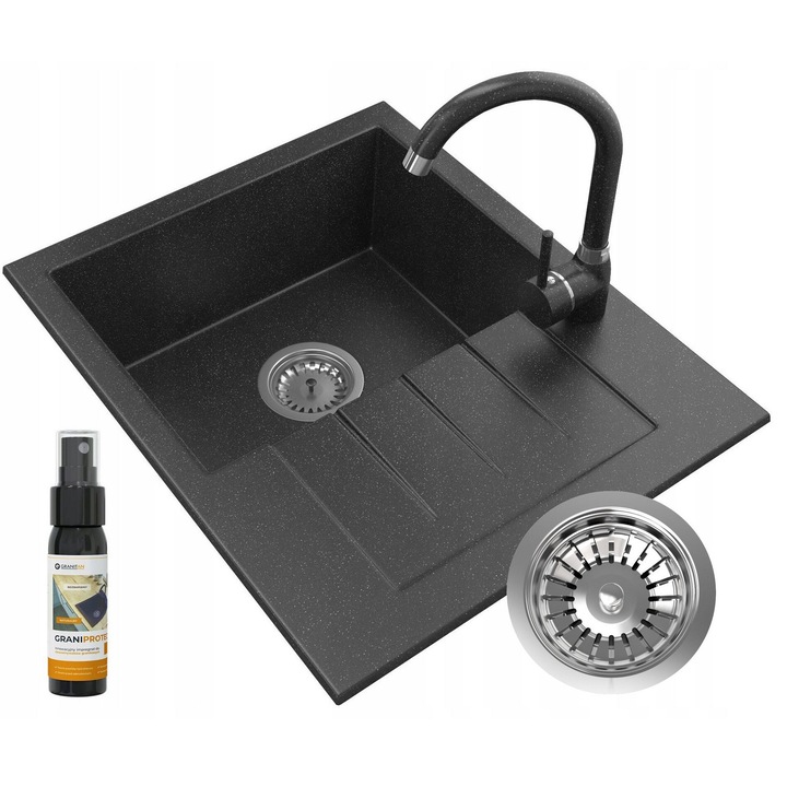 Chiuveta de granit Milano, Granitan, mixer de bucatarie Beta, Negru acoperita