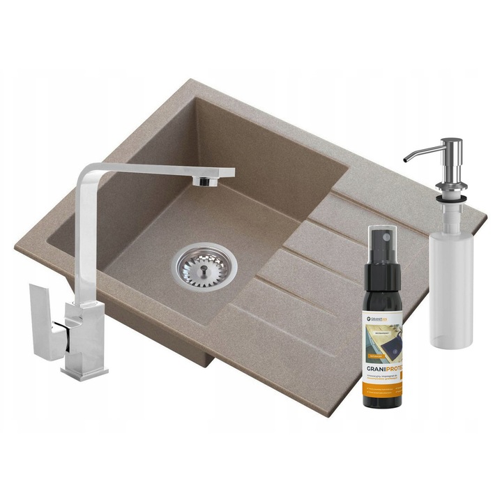 Pachet Chiuveta Granit + Baterie NOOK + Dozator + Sifon Manual, Granitan, MILANO, O Singura Cuva Cu Picurator, Kit Impregnare Granit, Baterie Inalta Rotativa, Montaj Reversibil, 574x464 mm, Bej
