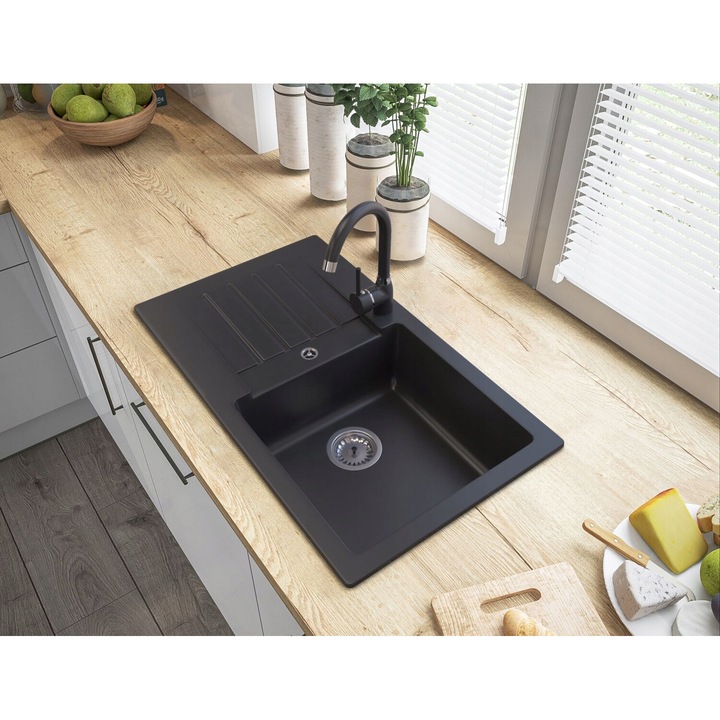 Chiuveta de granit Trix, Granitan, mixer de bucatarie, Negru