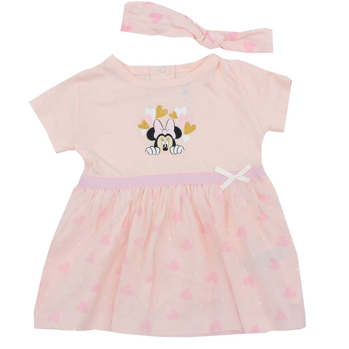 Set 2 piese, rochie si bentita, Minnie cu inimioare, roz
