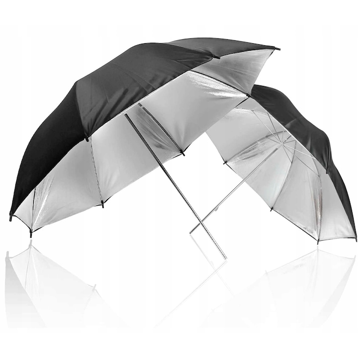 Umbrela foto reflectorizanta argintie, GearPro, diametru 83cm, pentru blituri si lampi continue, iluminare studio, difuzie uniforma lumina, fotografie portret, negru