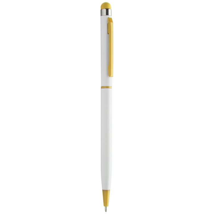 Stylus pen compatibil cu dispozitive cu touch screen, cu varf de pix, Alb-galben