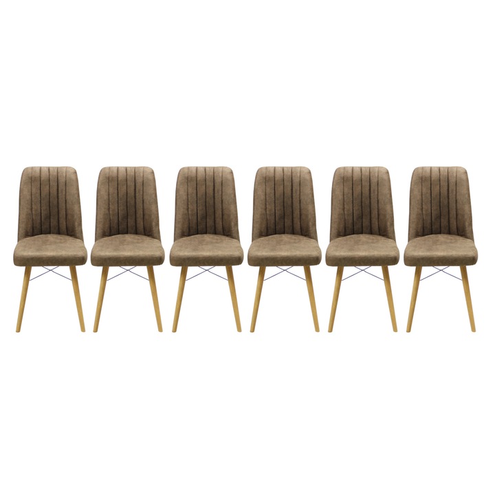 Set 6 scaune Atena, cadru din metal, picioare din lemn, tapiterie din material textil, maro, 93x46 cm