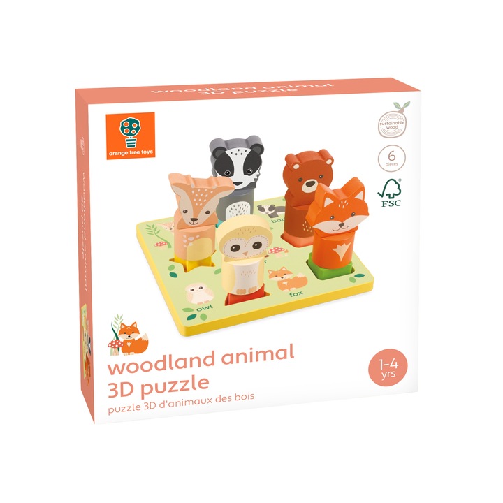 3D fa puzzle állatokkal, 6 db, Narancsfa játékok