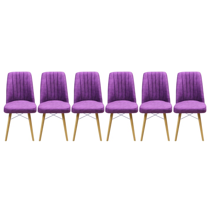 Set 6 scaune Atena, cadru din metal, picioare din lemn, tapiterie din material textil, mov, 93x46 cm
