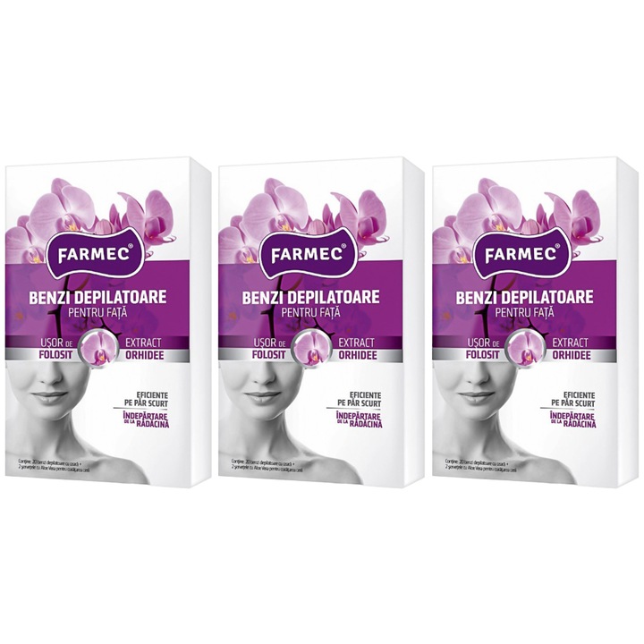 Set 3 x Benzi Depilatoare Farmec, pentru Fata, cu Extract de Orhidee, 20 Benzi cu 2 Servetele