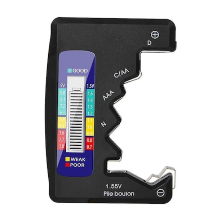 Akkumulátor teszter, alkalmas 1,5V-9V, D, C, AA, AAA, fekete elemek teljesítményszintjének ellenőrzésére