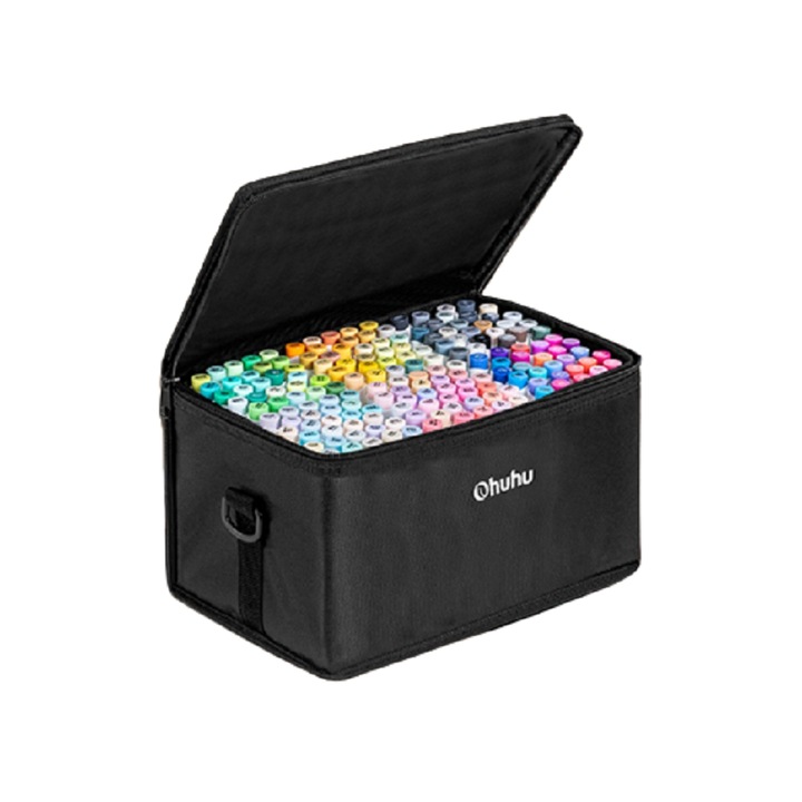 Комплект от 216 маркера Ohuhu Honolulu B, двойни накрайници, фина четка, алкохолни арт маркери, многоцветни