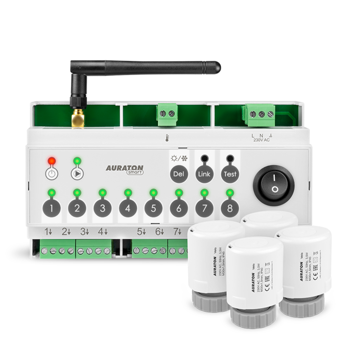Centru de comanda wireless, Multizone Controller, cu antena si 4 actuatoare Auraton Vela, M30x1,5, incalzire prin pardoseala, alb, verde