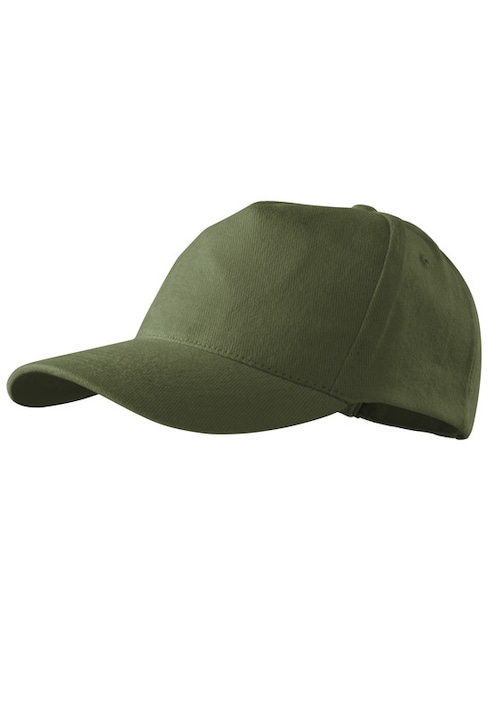 Unisex sapka, 100% pamut, 5 paneles modell, Varrott napellenző, Enyhén ívelt, Összekapcsolt elülső panel, Csat segítségével állítható, Kaki
