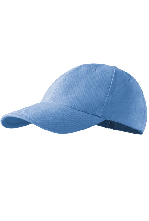 Sapca unisex, 100% Bumbac, Cozoroc cusut si usor curbat, Gauri de ventilatie cusute, Banda absorbanta a transpiratiei, Reglabila prin catarama, Albastru deschis