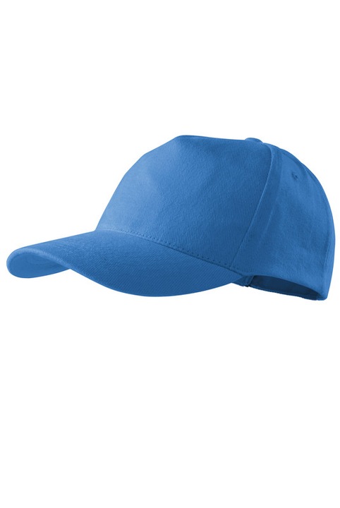 Sapca unisex, 100% Bumbac, Model cu 5 Paneluri, Cozoroc cusut, Usor curbat, Panel frontal imbinat, Reglabila prin catarama, Albastru azur