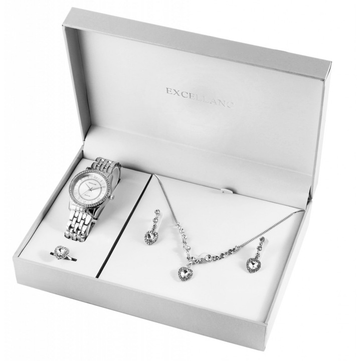 Дамски комплект Excellanc със сребърен часовник, колие, пръстен и обеци Swarovski Hearts