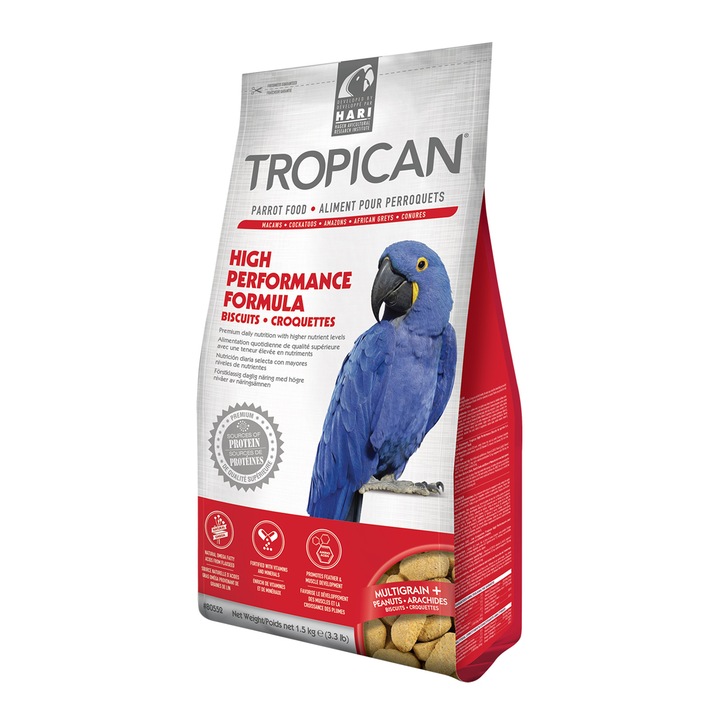 Magas fehérje- és zsírtartalmú eledel papagájoknak, TROPICAN High Performance Formula, keksz, 1,5 kg
