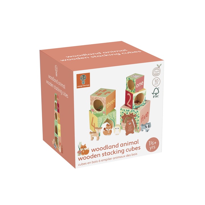 Комплект от 5 подреждащи се кубчета и 5 дървени животни, Orange Tree Toys