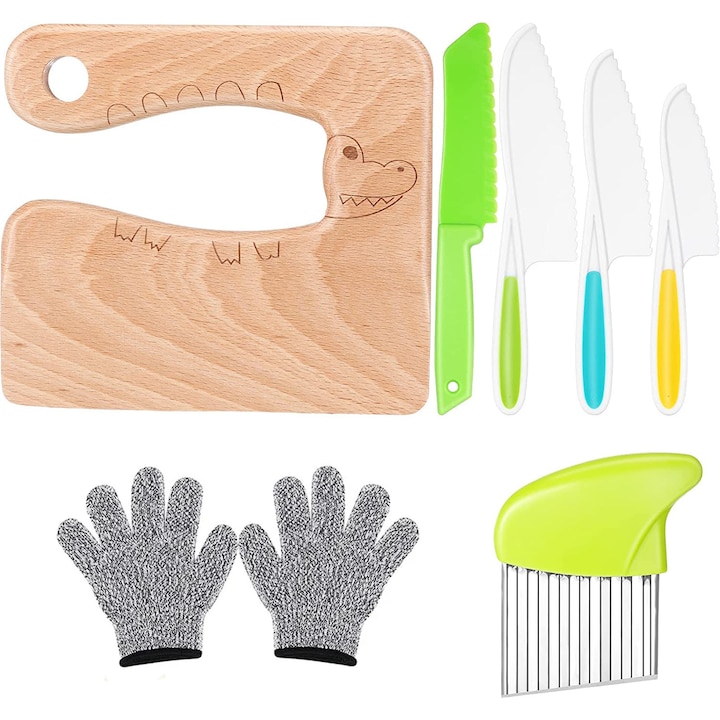 Set de 7 Piese pentru Copiii Bucatari, Include Pereche Manusi, Cutite si Feliator Ondulat, 22-40 cm, Bukate®