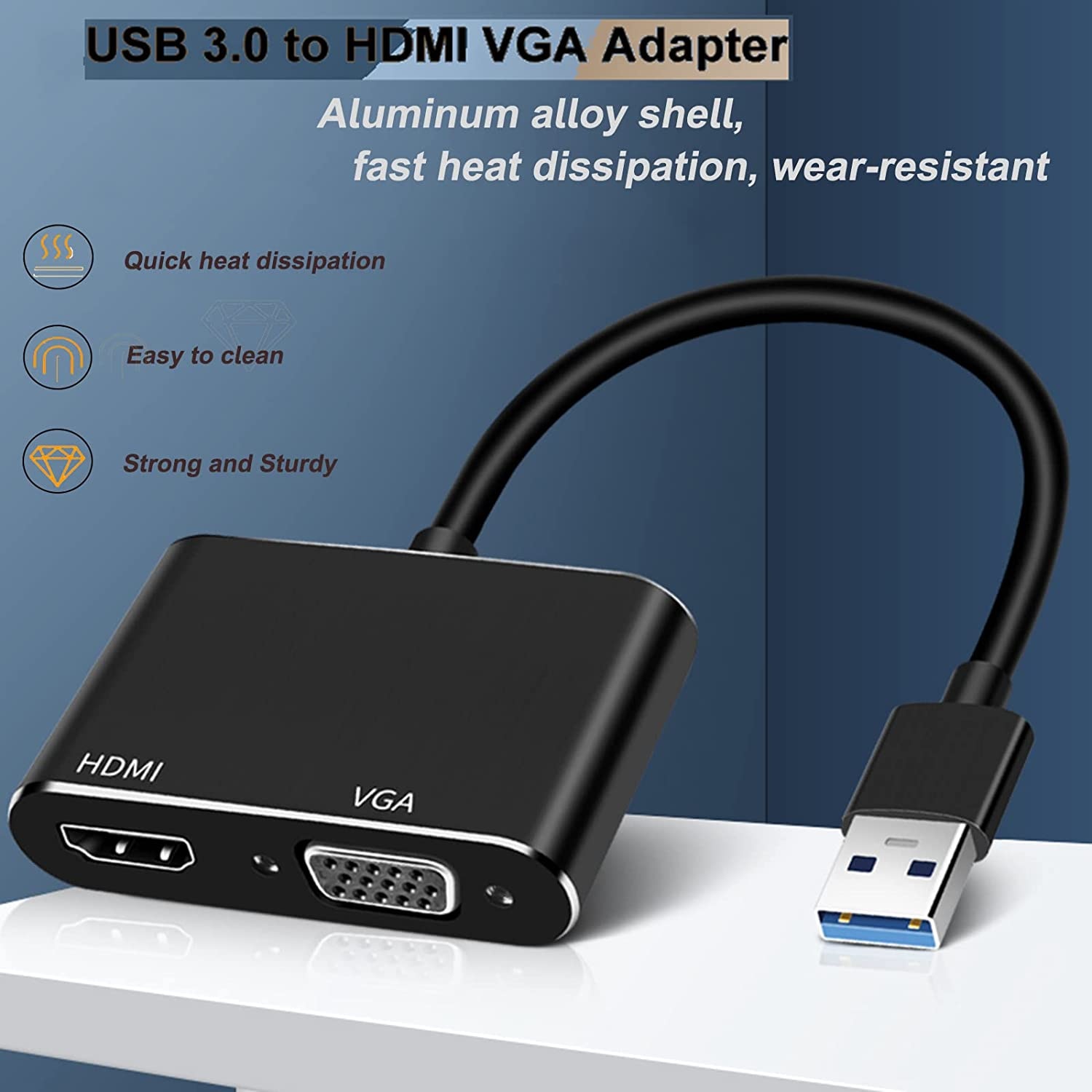 Преходник USB към HDMI и VGA, 1080P, USB 3.0, Съвместим с Windows ...