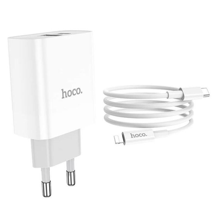 Hoco Бързо зарядно устройство PD 30 W, 1x USB-C и 1x USB, USB-C кабел към Apple съвместим конектор 1 m включен, бял