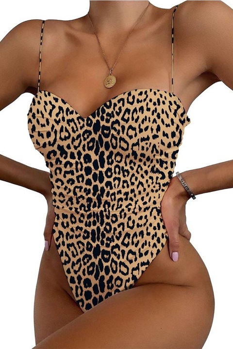 Costum de baie intreg, incretit, cupe push-up si sold inalt, Maro