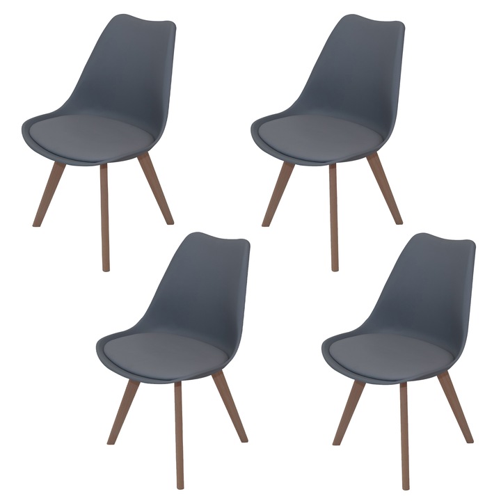 Set 4 scaune DENVER Stockholm, gri, model scandinav, sezut tip scoica tapitat, picioare lemn, 48x50x82 cm