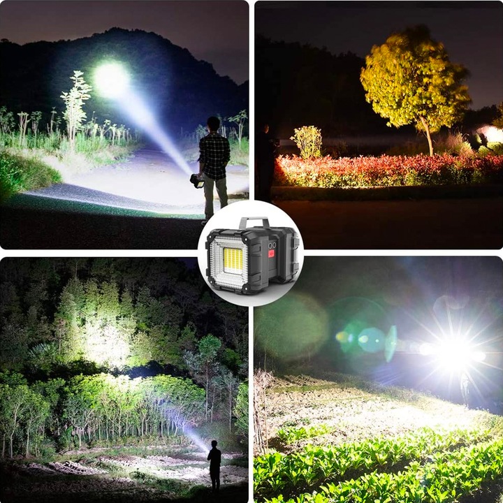 Lanterna Led Profesionala Elindor®, 1000 Lumeni, cu Acumulator Reincarcabila USB C, 5000 mAh, Power Bank, Rezistanta la Apa IPX44, 2 Capete cu 7 Moduri de Iluminare, Multifunctionala Ideal pentru Cort, Camping, Pescuit, Vanatoare, Negru