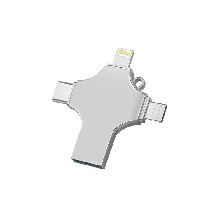 USB-C стик, Axeloni ®, 4 в 1 Lightning, MicroUSB, Type-C и USB връзка, съвместим със смартфони с iOS и Android, 128GB, сив