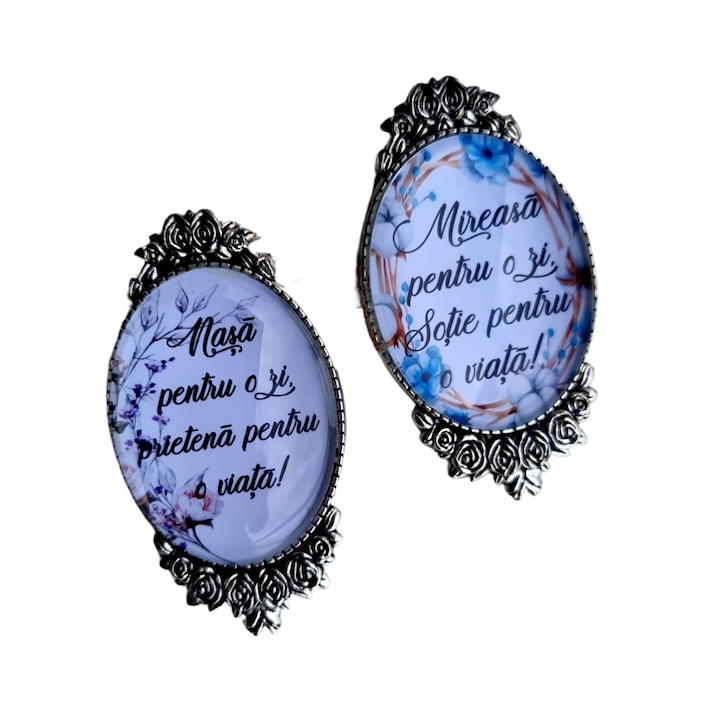 Set 2 brose pentru buchetul miresei si al nasei, 58 x 32 mm, argintiu cu floricele