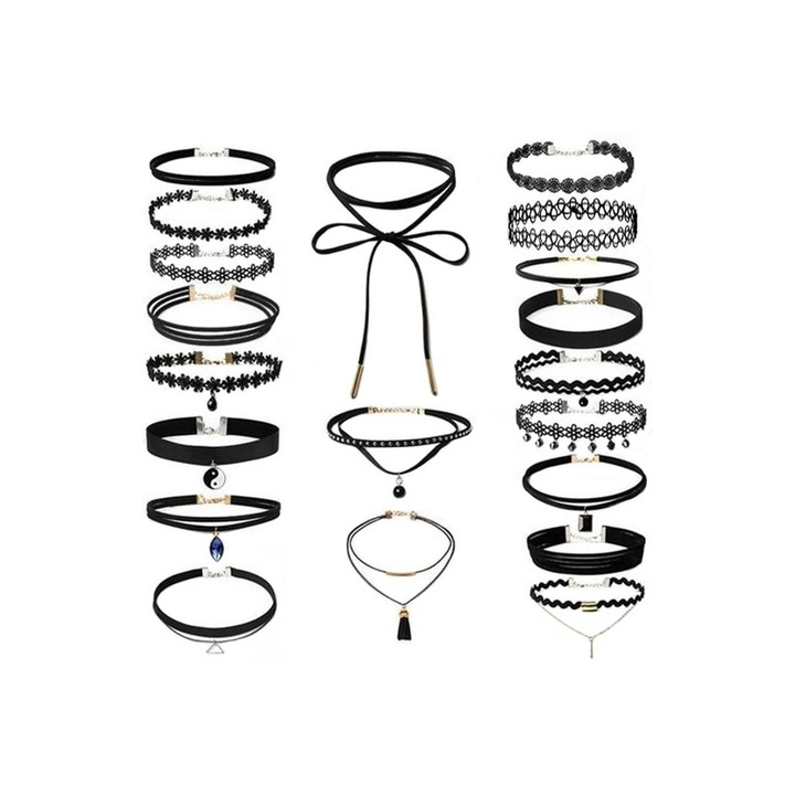 Set 20 coliere choker din dantela si catifea, flori, triunghi, cristal Multicolor