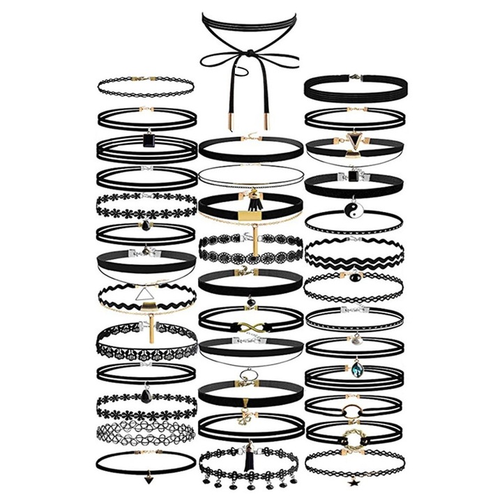 Set 37 coliere choker, catifea, dantela, tattoo choker, canaf, steluta, flori Multicolor