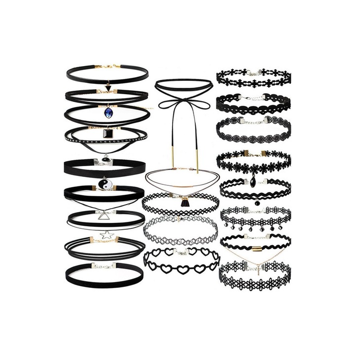 Set 22 coliere choker, catifea, dantela, tattoo choker, cristal, cranii Multicolor