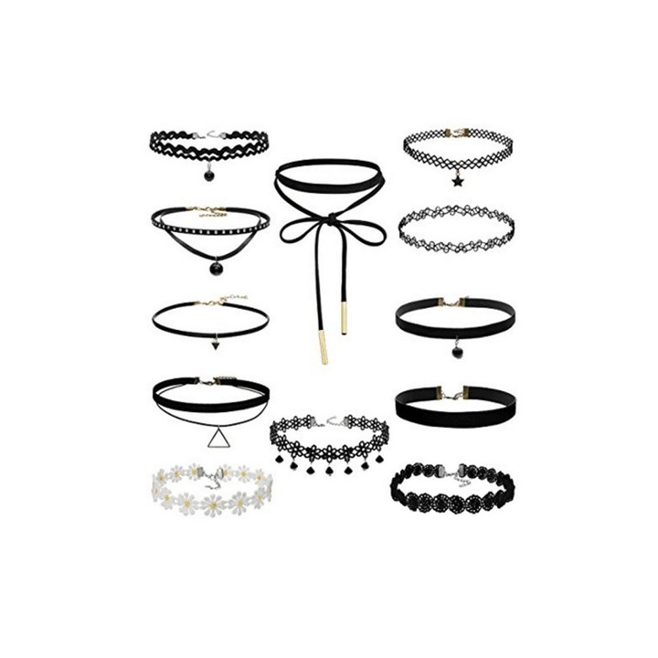 Set 12 coliere choker, catifea, dantela, tattoo choker, cu flori albe Multicolor
