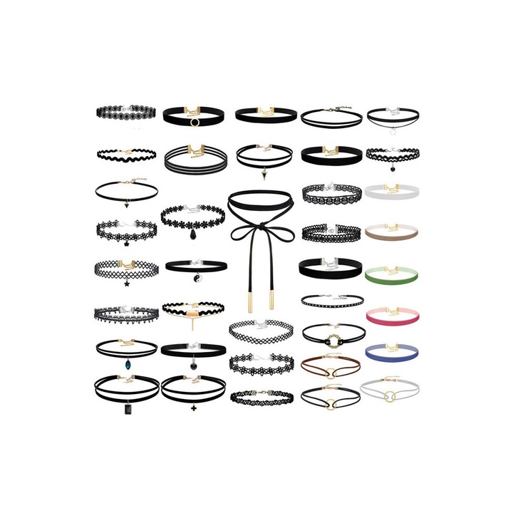 Set 38 coliere choker, catifea colorata, dantela, cu medalioane Multicolor