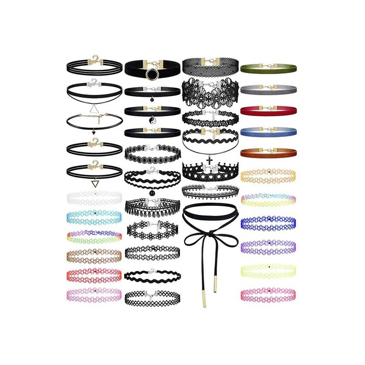 Set 40 coliere choker din dantela, tattoo choker multicolor si catifea, cruce, triunghi Multicolor