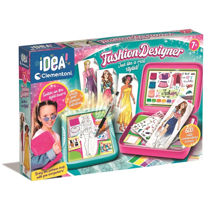 Set de desen Clementoni Fashion Designer, tabla luminoasa, autocolante reutilizabile