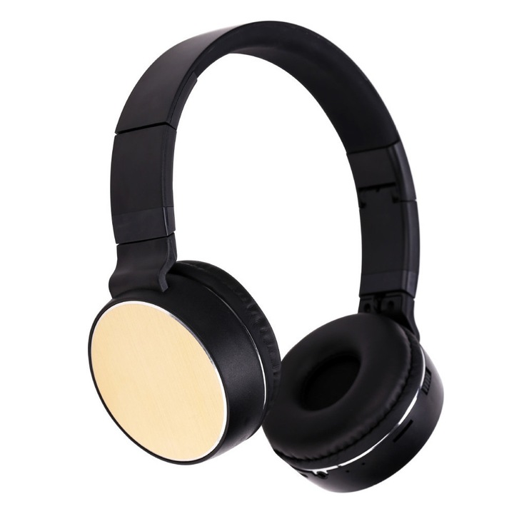 Bluetooth Fejhallgató, beépített mikrofonnal, ST11 hívásfogadás/hangerőszabályzó/számváltó, Bluetooth + MicroSD + 3,5mm jack sztereó, arany-fekete