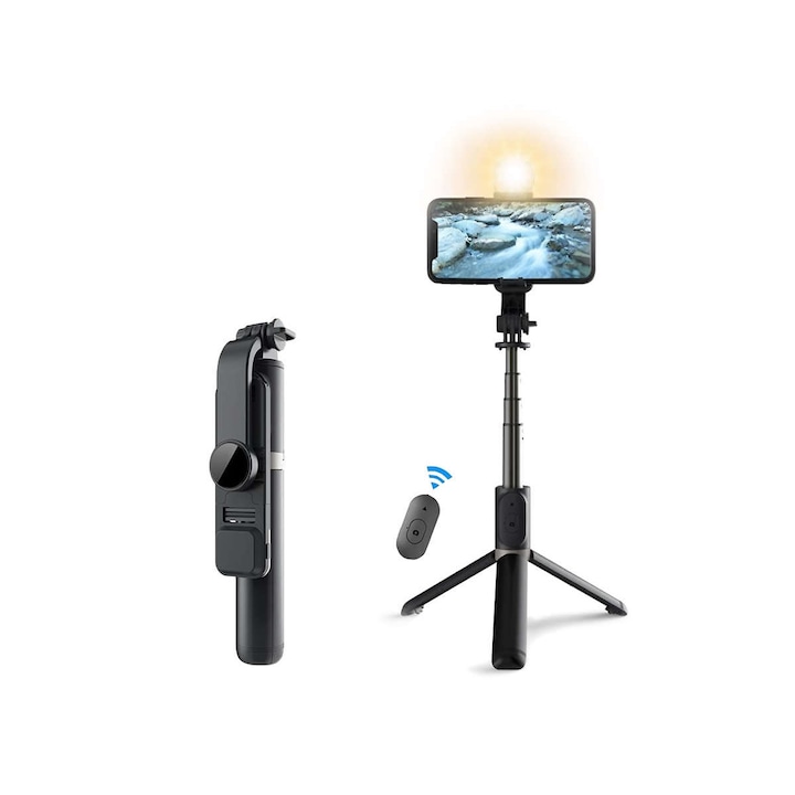 Трипод Selfie Stick Безжичен Bluetooth статив Roreta с LED светлина Черен