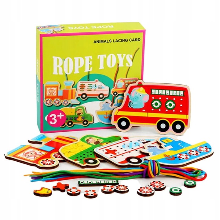 Invatare legare sireturi Habarri, Vehicule din lemn, puzzle Montessori, lemn de fag durabil, culori vii, stimuleaza creativitatea, dezvolta rabdarea, ideal pentru maini mici, varsta 3+, 15 piese