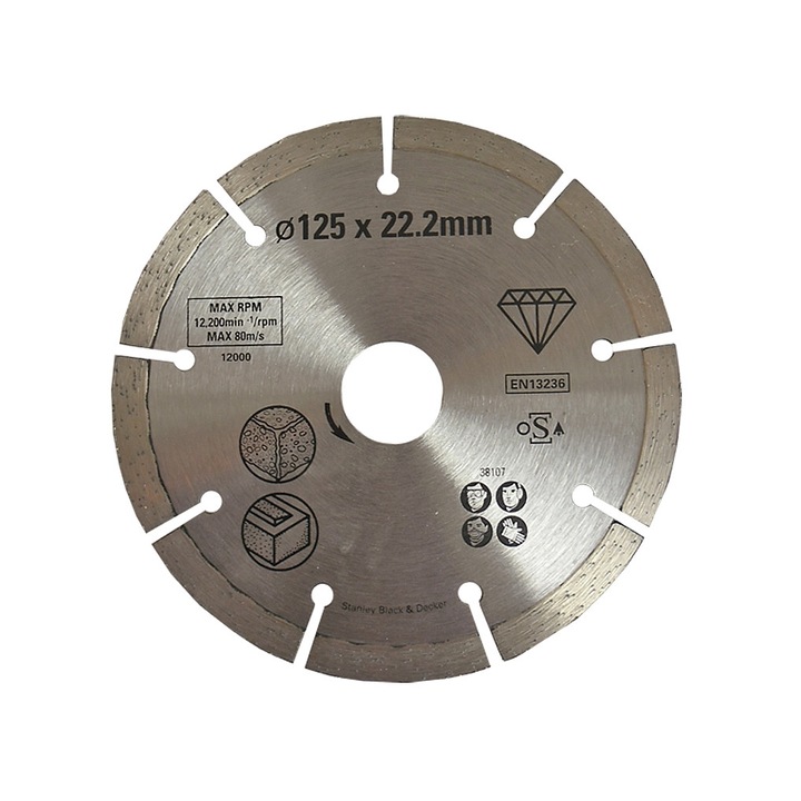 Vágótárcsa, Stanley, 125 mm, Betonhoz, Ezüst