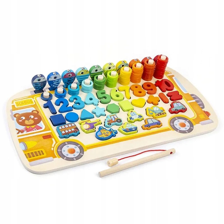 Tabla educationala Habarri, Autobuz Montessori, sorter multifunctional, accesorii magnetice, lemn premium, invata primele cifre, distractie educativa lunga, varsta 3+, multisorter