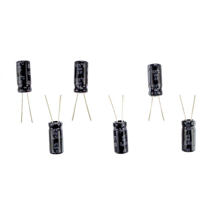 Set de 6 condensatoare electrolitice, SE, 10 uF, 50 V, 5 x 11 mm, Negru/Argintiu