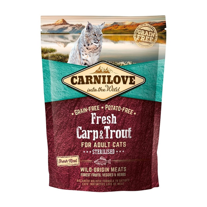 Hrana uscata fara cereale pisici sterilizate, CARNILOVE Fresh Sterilised, Crap si Pastrav, 400g