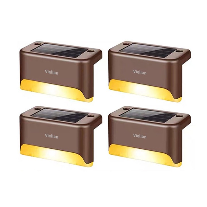 Set 4 lampi solare pentru trepte, iluminare LED, Rezistent la apa IP65, 5W, 8x4.5x4.2 cm, VIELLAN, Maro