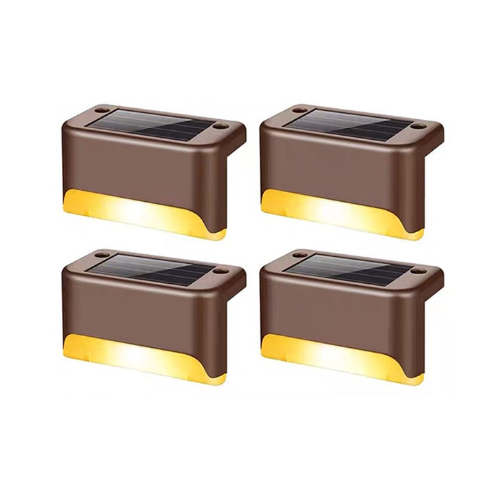 Комплект 4 соларни лампи за стъпала, LED осветление, Водоустойчивост IP65, 5W, 8x4.5x4.2 см, VIELLAN, Кафяви