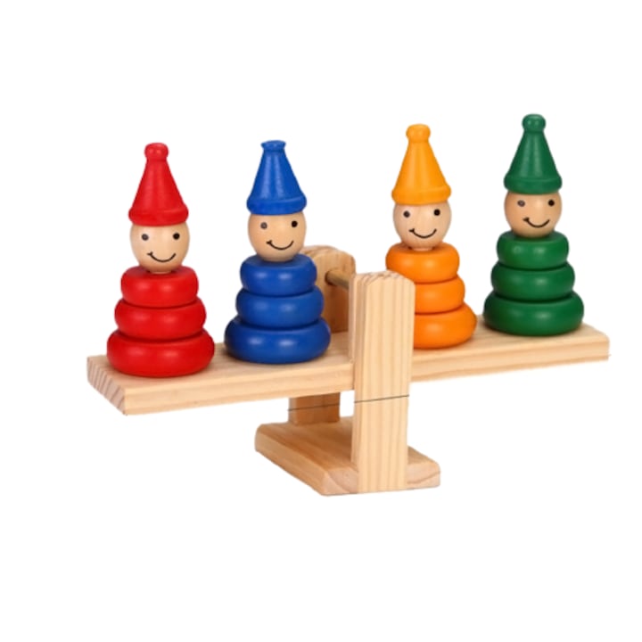 Jucarie educativa din lemn, Balanta pentru echilibru si sortare cu Clovni colorati