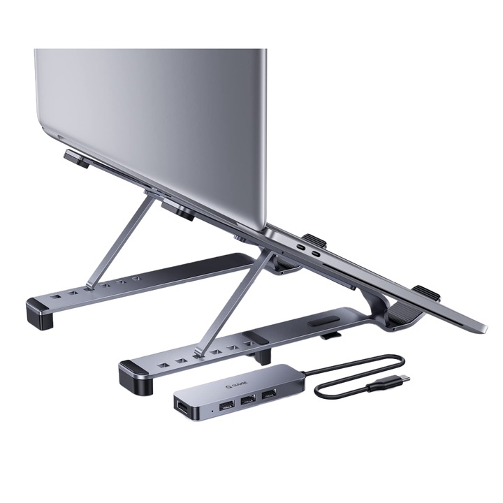 Suport pentru laptop, cu Hub USB-C si 4 porturi USB 3.0, stand din aluminiu reglabil pe inaltime, pliabil, pentru notebook si laptop