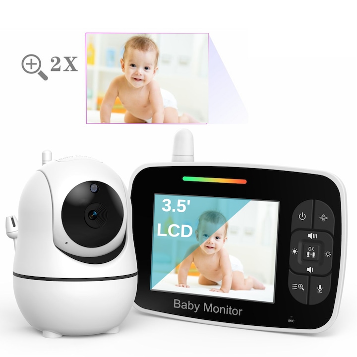 Бебефон с камера и аудио VisionHub®, С 3.5 инчов HD екран, Следене на температурата, Въртене, Безжична връзка, Приспивни песни, Взаимодействие с бебето, Нощно виждане